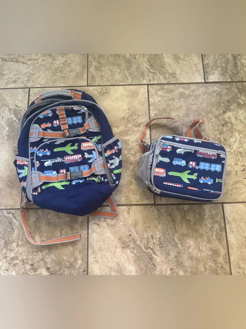 Pottery Barn Kids Navy Blue Backpack and Lunchbox Set with Transportation Print
